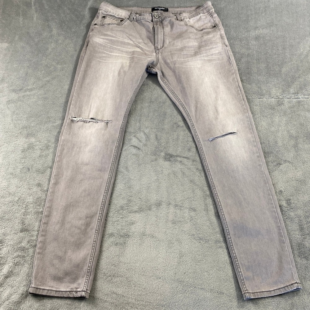 Serenede Jeans Mens 38 Grey Slim Fit Distressed Ripped Knee Whiskered Stretch